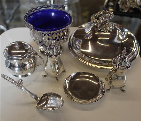 Small group of items incl Persian dish and cover, pair of sugars nips, 2 pepperettes, a mustard pot, German spoon etc